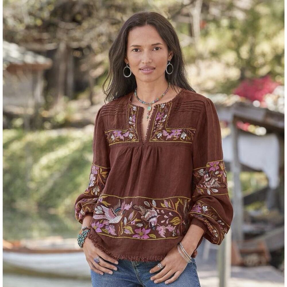Sundance Embroidered Linen Brown XS Tunic Top Boho Peasant Floral Bird Artsy